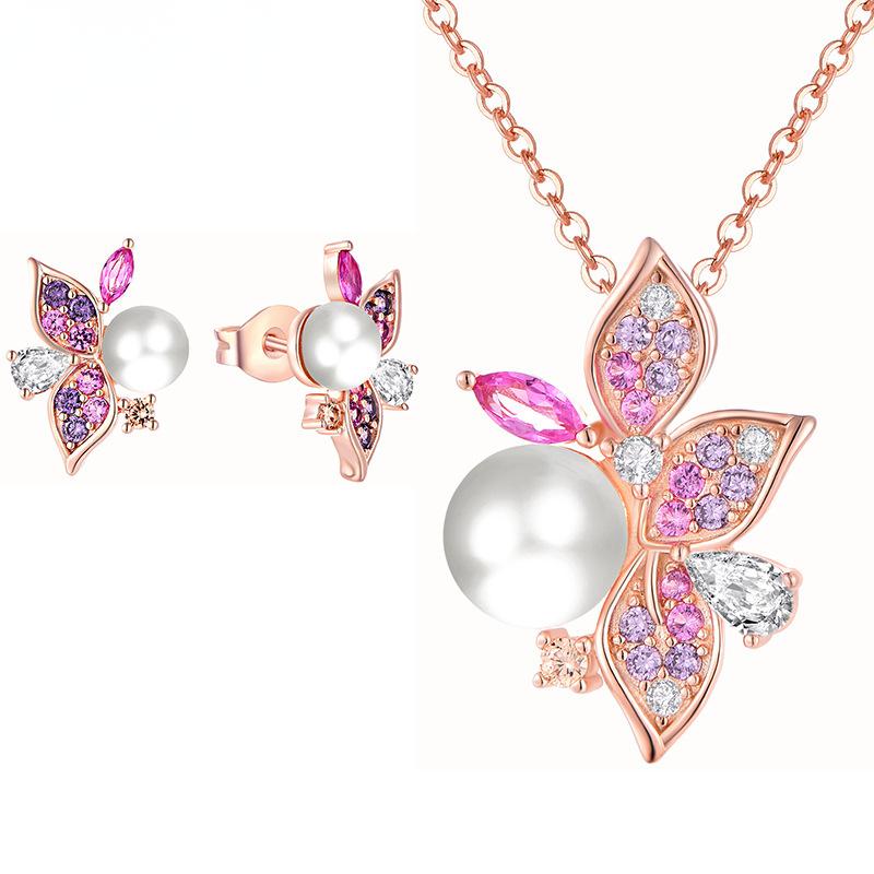 图片 Light luxury elegant high-end set necklace earrings S925 pure silver micro inlaid colorful zircon freshwater pearl jewelry
