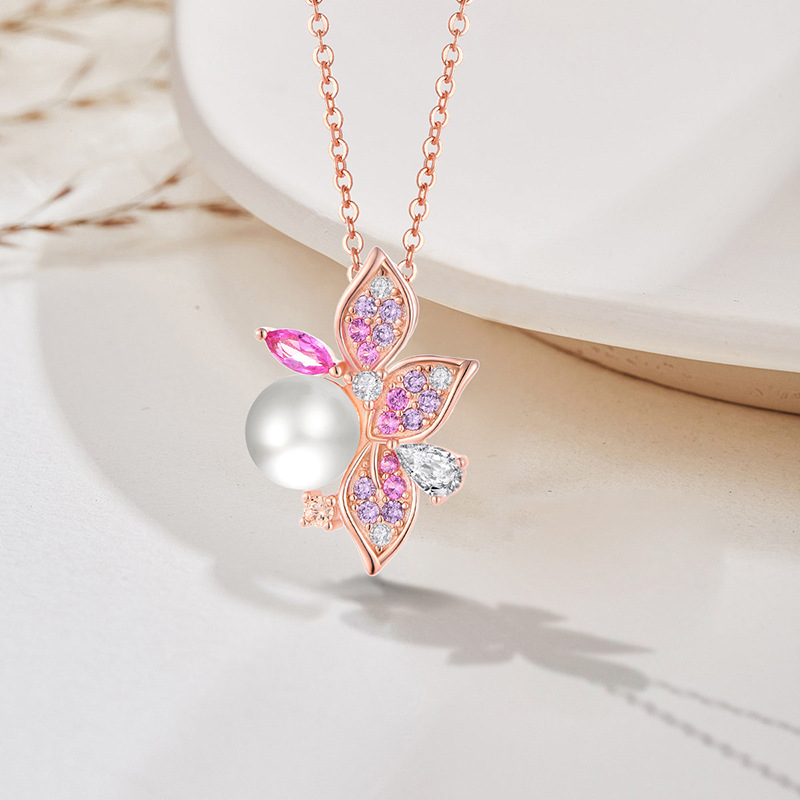 图片 Light luxury elegant high-end set necklace earrings S925 pure silver micro inlaid colorful zircon freshwater pearl jewelry