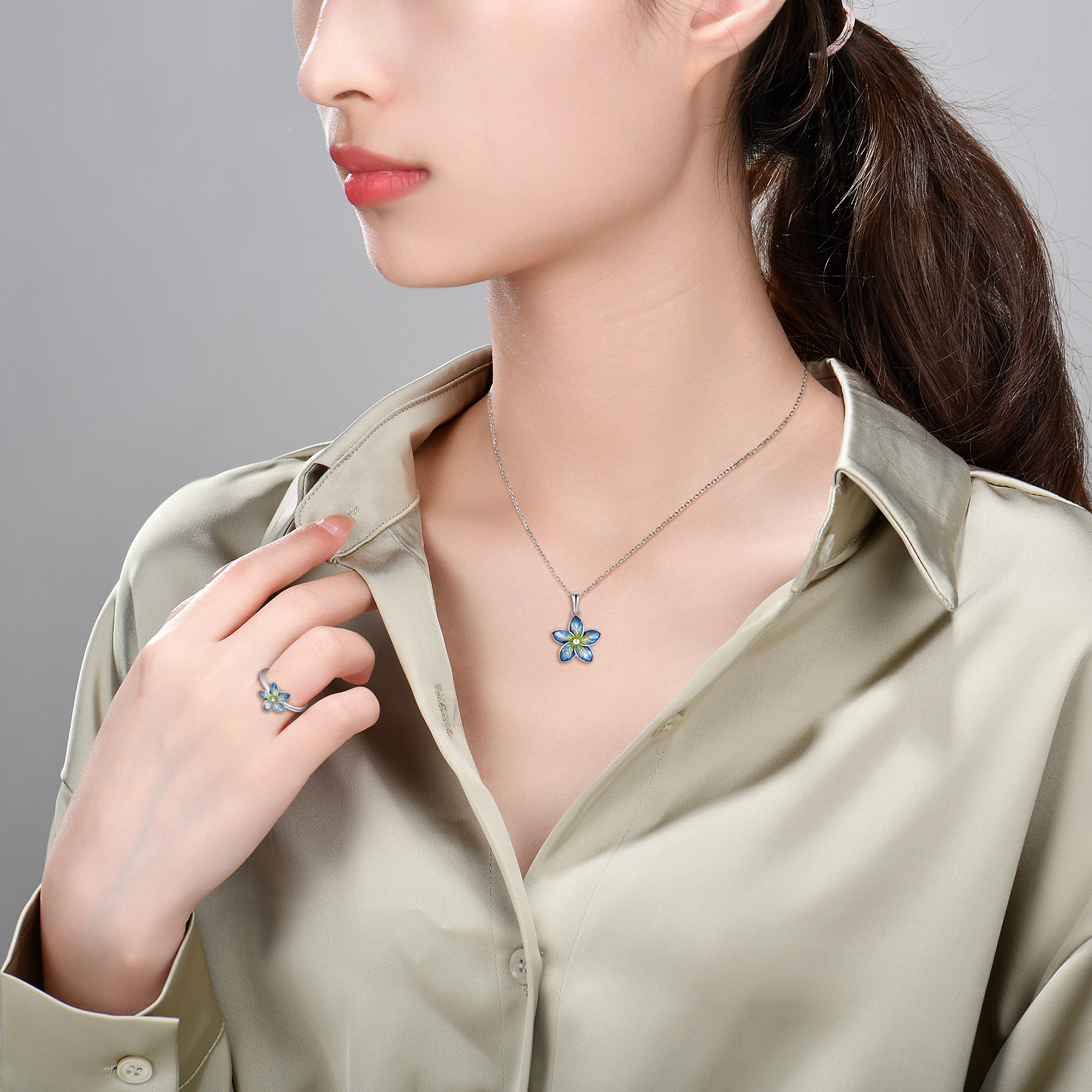 图片 S925 Silver Necklace Earrings Rings Dropped Petal Jewelry